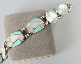 Sterling silver Turquoise Mother of Pearl Bracelet toggle clasp, 8.5 inches long