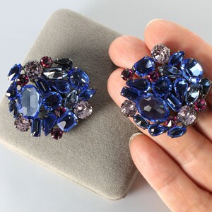 SCHREINER Blue Pink Rhinestone Earrings, inverted stones, 1960s jewelry image 2