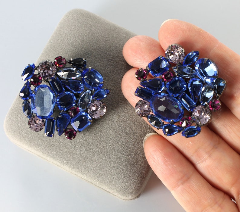SCHREINER Blue Pink Rhinestone Earrings, inverted stones, 1960s jewelry image 2