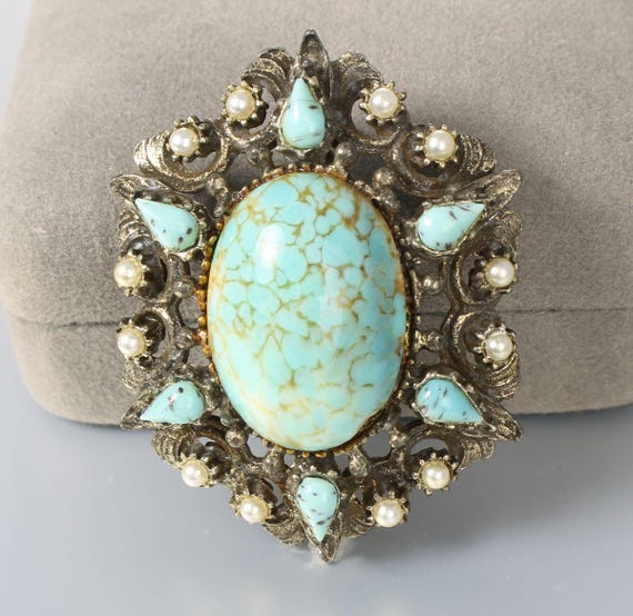 Victorian Revival Turquoise Blue Art Glass Seed Pearl Brooch