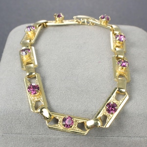 Purple Rhinestone Link Bracelet, delicate dainty, gold tone embossed