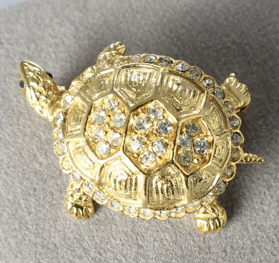 Rhinestone gold tone Turtle tortoise Brooch pin 1… - image 1