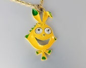 Anthropomorphic Necklace Vegetable Yellow enamel Gold Crown Inc., googly eye face 1950s jewelry