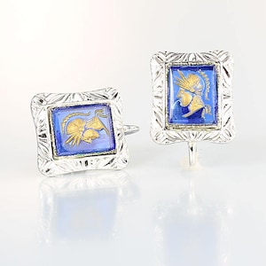 Cobalt Blue Intaglio glass Warrior Cameo Earrings signed Amco gold filled