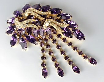 Hobe Purple Rhinestone Waterfall Brooch Pin 1960s jewelry