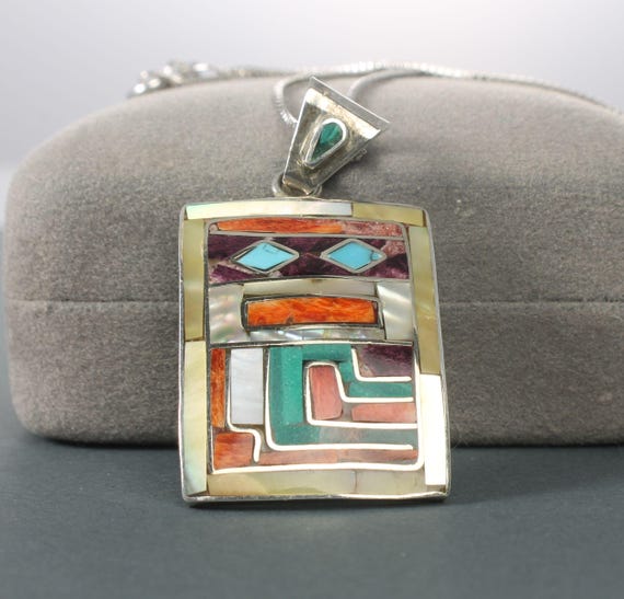 Silver 950 Multi Gemstone Inlay Rectangle Pendant… - image 1