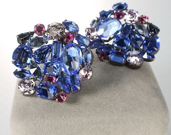 SCHREINER Blue Pink Rhinestone Earrings, inverted stones, 1960s jewelry