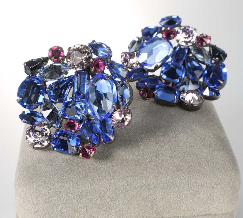 SCHREINER Blue Pink Rhinestone Earrings, inverted stones, 1960s jewelry image 1