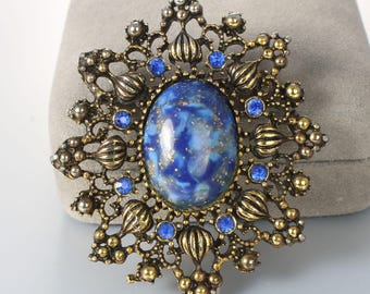 Victorian revival Blue Rhinestone Marbled glass Cabochon Brooch, faux lapis lazuli, 1960s brooch