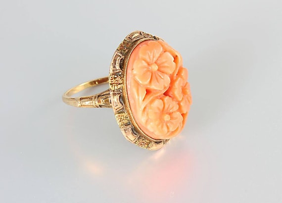 Bague Ancienne En Corail Sculpté - Plaqué Or, Rose, Très Belle Pièce Vintage