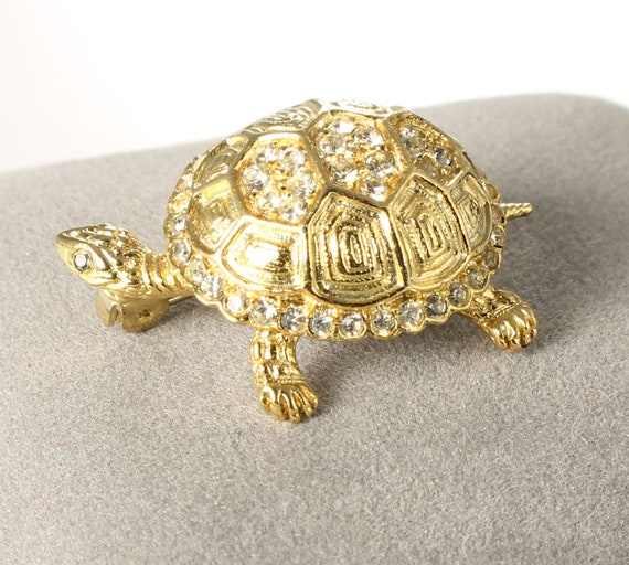 Rhinestone gold tone Turtle tortoise Brooch pin 1… - image 2