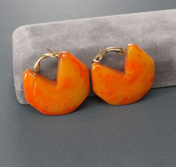 Marbled Orange Bakelite Hoop Earrings for Pierced Ears Canada