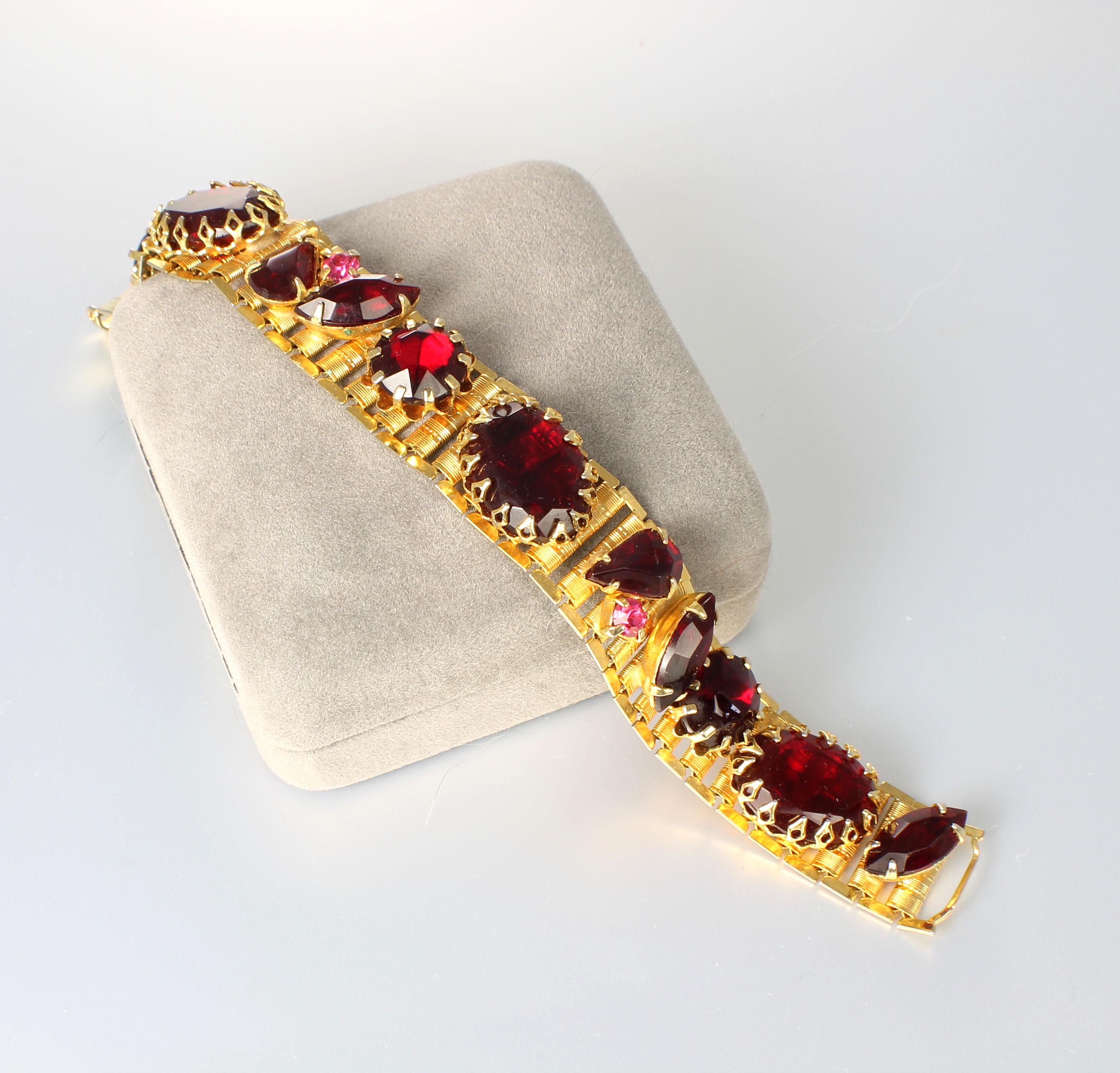Juliana Style Red Pink Rhinestone Bracelet, Open Back Stones 