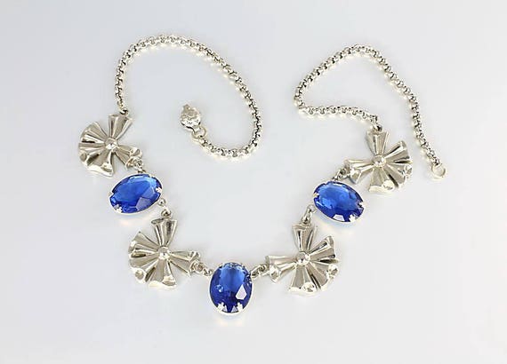 Coro Blue glass Necklace silver tone ribbon bow 1… - image 3