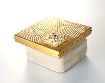 Volupte Rhinestone Gold Square Powder Compact, 1950s vanity storage