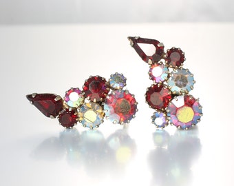 Red Rhinestone Earrings aurora borealis Juliana style clip on 1960s jewelry