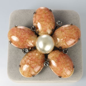 Signed Schreiner NY Art Glass Brooch Pendant inverted clear rhinestone  1970s jewelry