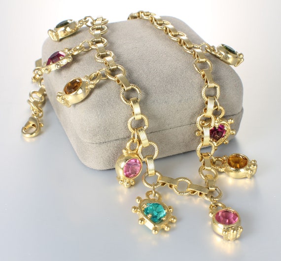 1928 Pastel Crystal Charm Necklace, small hearts, 