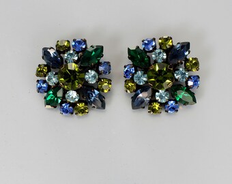 Japanned Signed Austria Rhinestone Earrings, sapphire blue  peridot green  snowflake 1960s jewelry