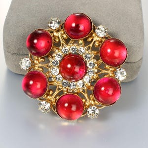Mogul Pink glass Cabochons Clear Rhinestone Brooch Pendant, 1960s jewelry
