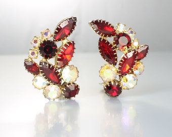 Large Red Rhinestone ear climber Earrings, aurora borealis, Juliana style, 1960s jewelry