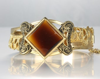 Victorian Revival Hinged Bangle Bracelet Tiger Eye Lucite Gold