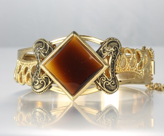Victorian Revival Hinged Bangle Bracelet Tiger Eye Lucite Gold