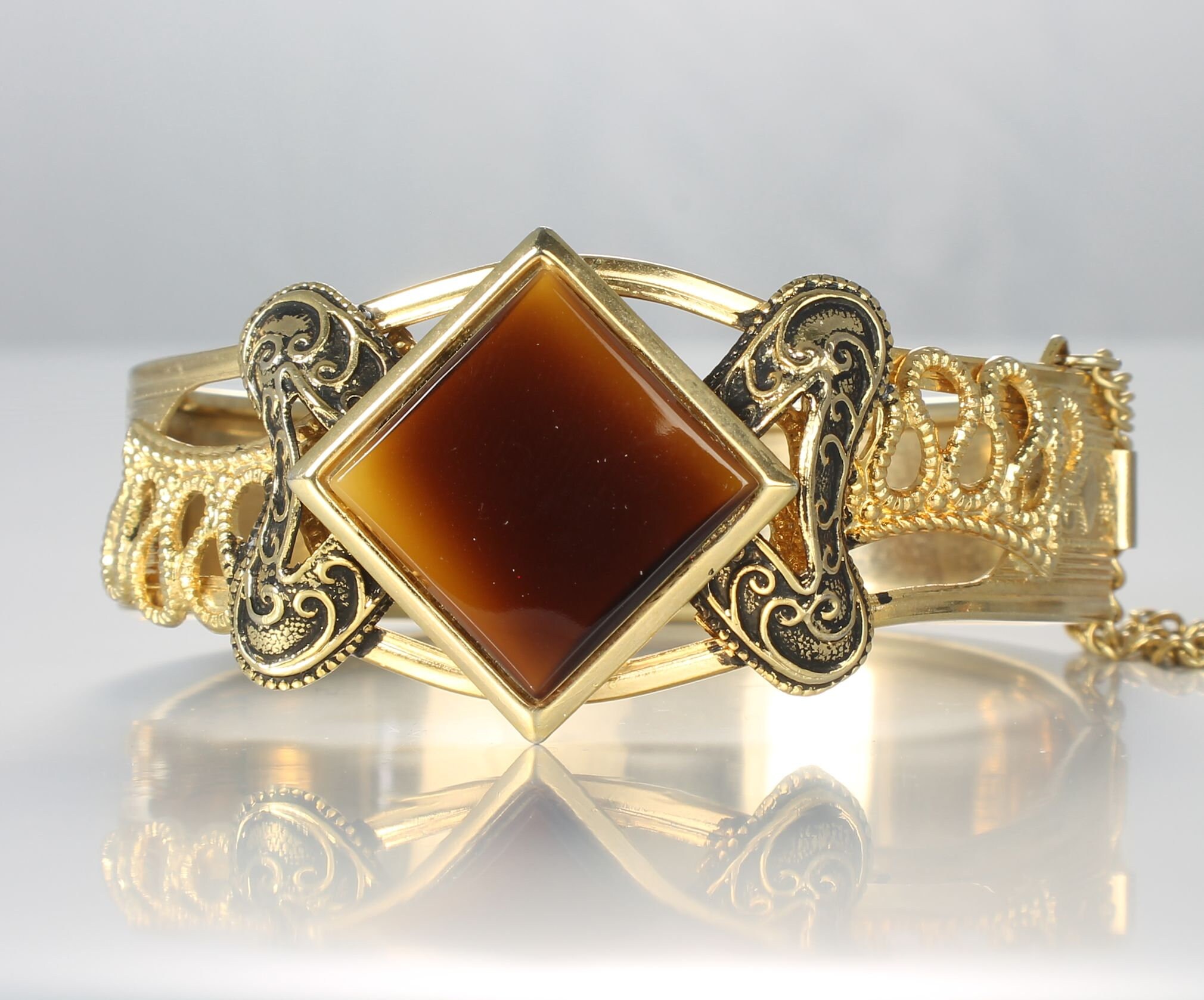 Victorian Revival Hinged Bangle Bracelet Tiger Eye Lucite Gold