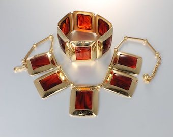 Wide Napier Tortoise Lucite Necklace Earrings set gold tone 1960s demi parure