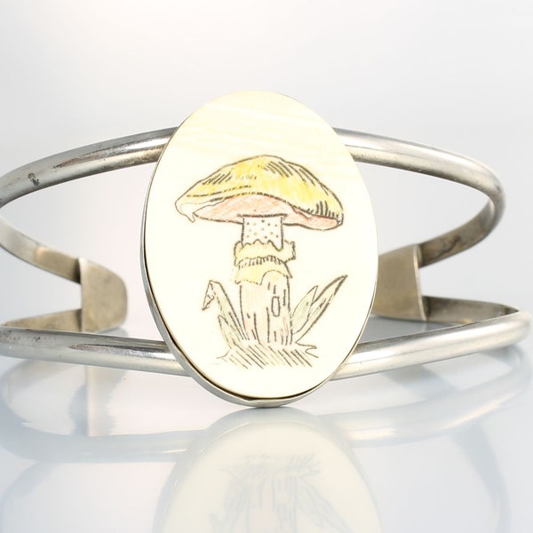 Sterling ox bone Scrimshaw Mushroom Cuff Bracelet vintage 1960s jewelry