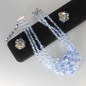 1960s Blue Aurora Borealis Crystal Necklace Earrings set, three strand bib image 2