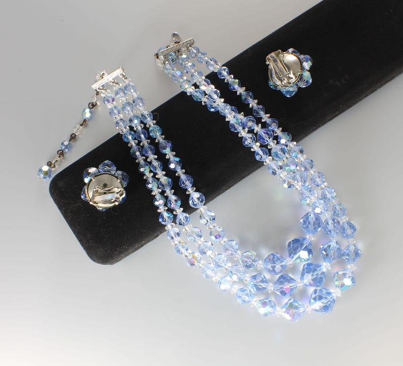 1960s Blue Aurora Borealis Crystal Necklace Earrings set, three strand bib image 2