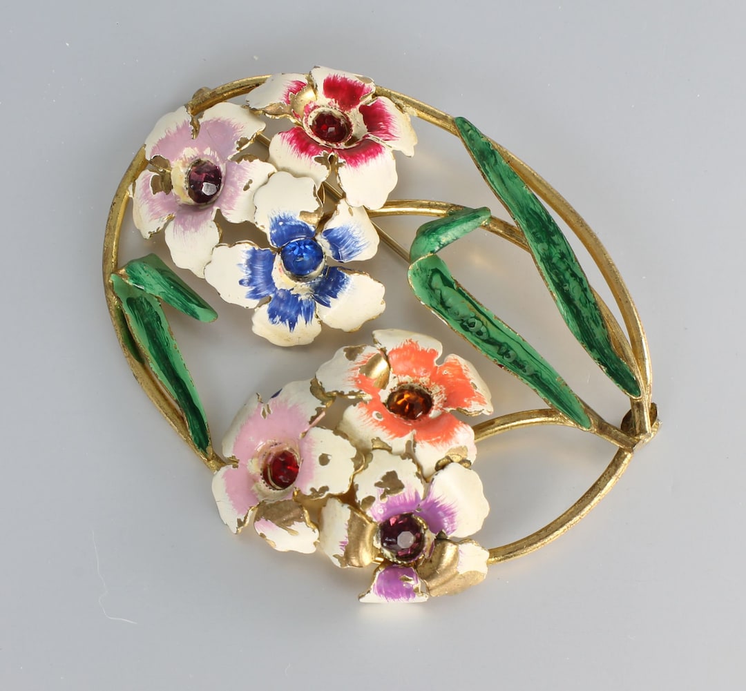 Broche Art Déco Ancienne Rosace Fleurs émail Et Strass Années 30 - Diamètre 4,5 Cm, Excellent état