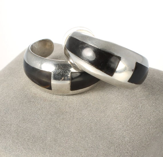 Inlay Onyx Sterling silver Hoop Earrings, post, 1… - image 1