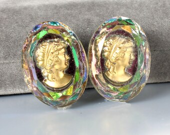 Iridescent Intaglio Reverse Golden Cameo Earrings