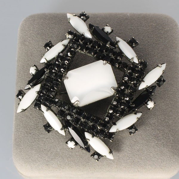 White Black Navette Rhinestone Art Glass Brooch square 1960s jewelry