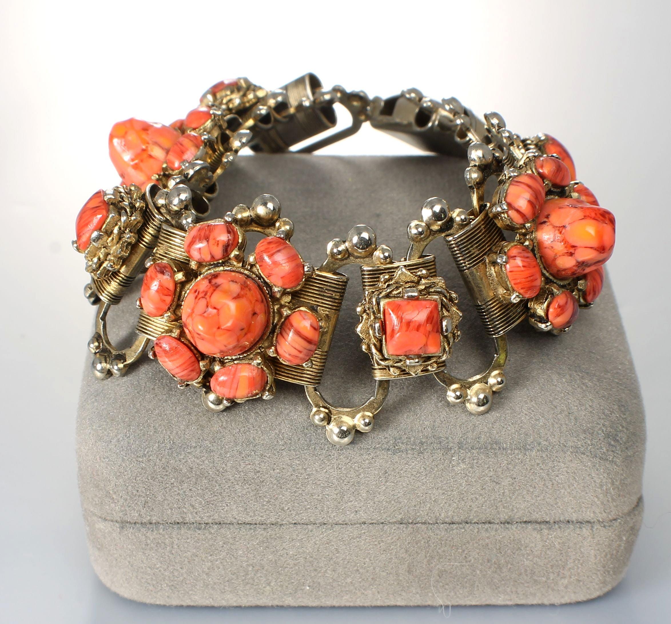 オレンジアートガラスブックチェーンブレスレット 1960年代ジュエリー