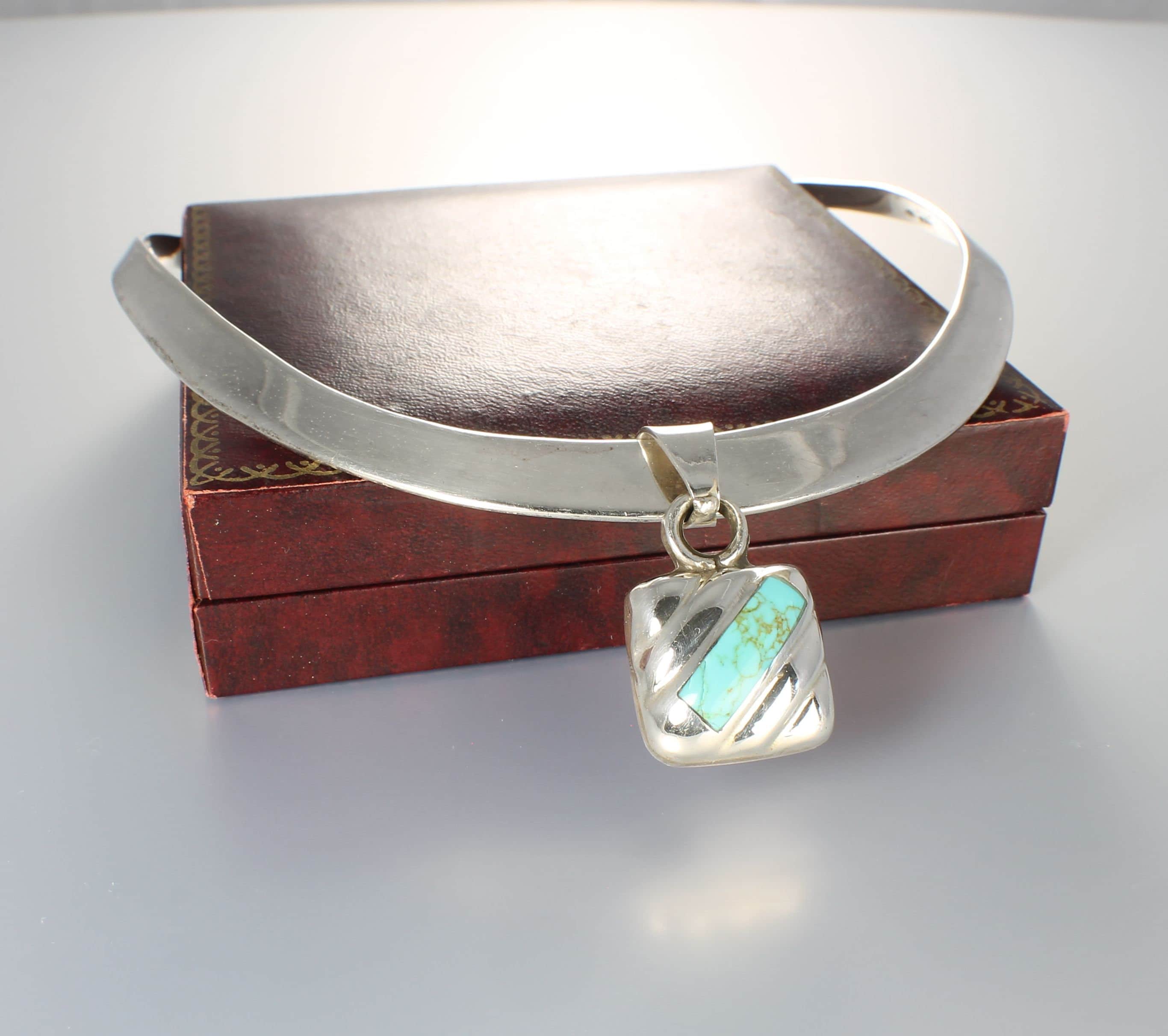 Mexico 925 Sterling Silver Collar Torque Necklace With Turquoise Pendant 1980s Jewelry - Etsy Mexico 925 Sterling Silver Collar Torque Necklace With Turquoise Pendant 1980s Jewelry - Etsy