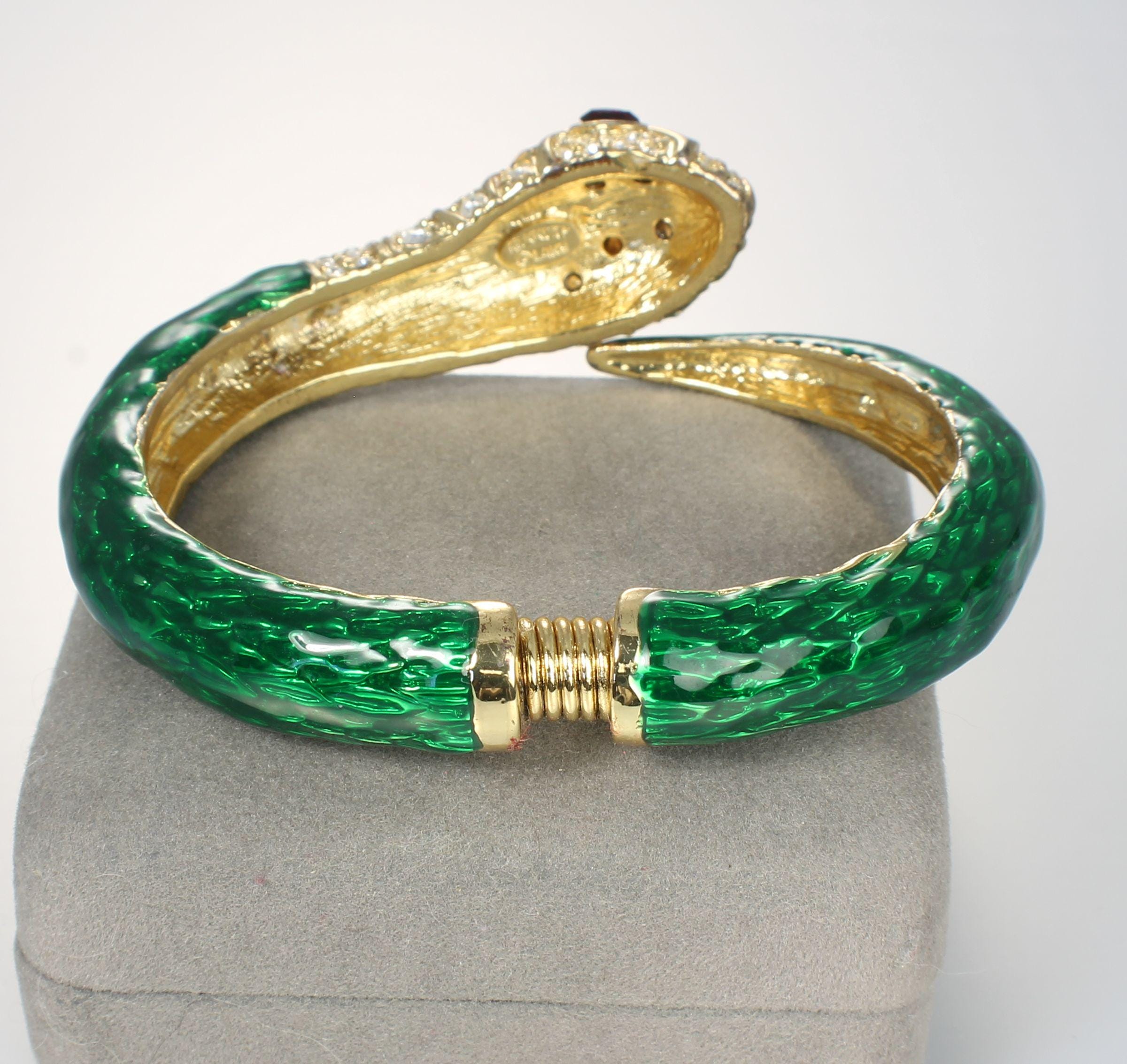 KJL Green Enamel Rhinestone Snake Bangle Bracelet, Clamper