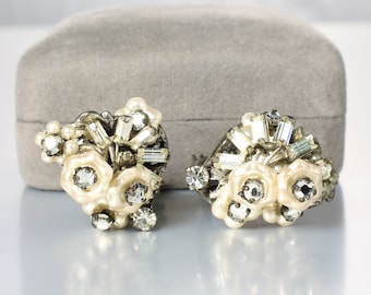 Original by Robert Flower Earrings molded glass baguette rhinestone clip on Haskell style  1950s jewelry