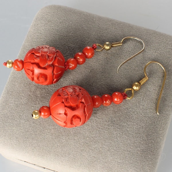 Carved Red Cinnabar Bead Earrings with coral