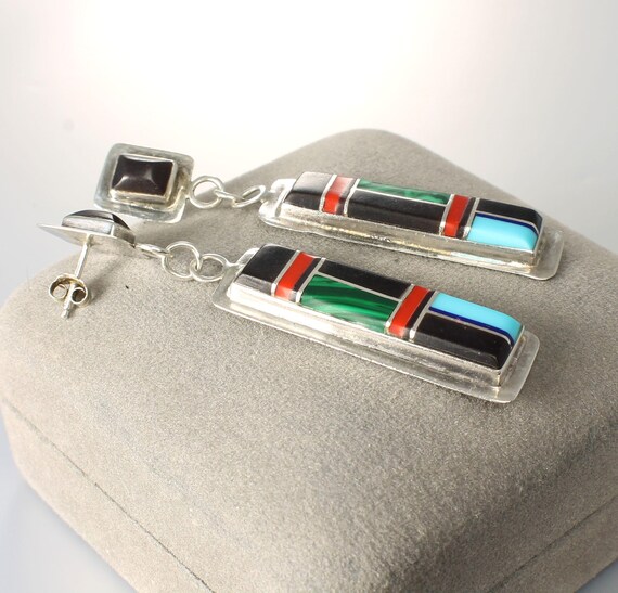 ZUNI Sterling Multi Stone Inlay Dangle Earrings N… - image 2