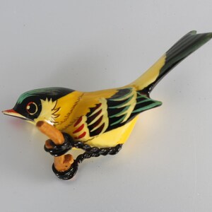 Takahashy style Yellow Finch Bird Brooch, carved wood