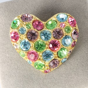 Pastel Pave Rhinestone Heart Brooch gold tone 1990s jewelry