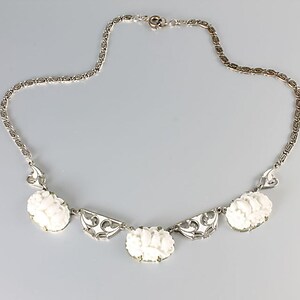 Art Deco White Enamel carved Glass Lily of the Valley Necklace, antique 1920s jewelry image 2