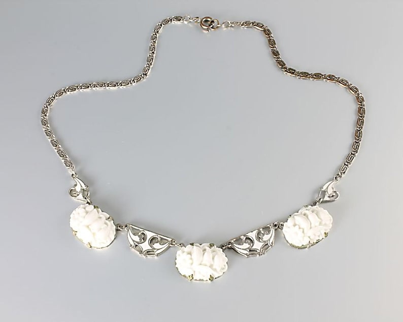 Art Deco White Enamel carved Glass Lily of the Valley Necklace, antique 1920s jewelry image 2