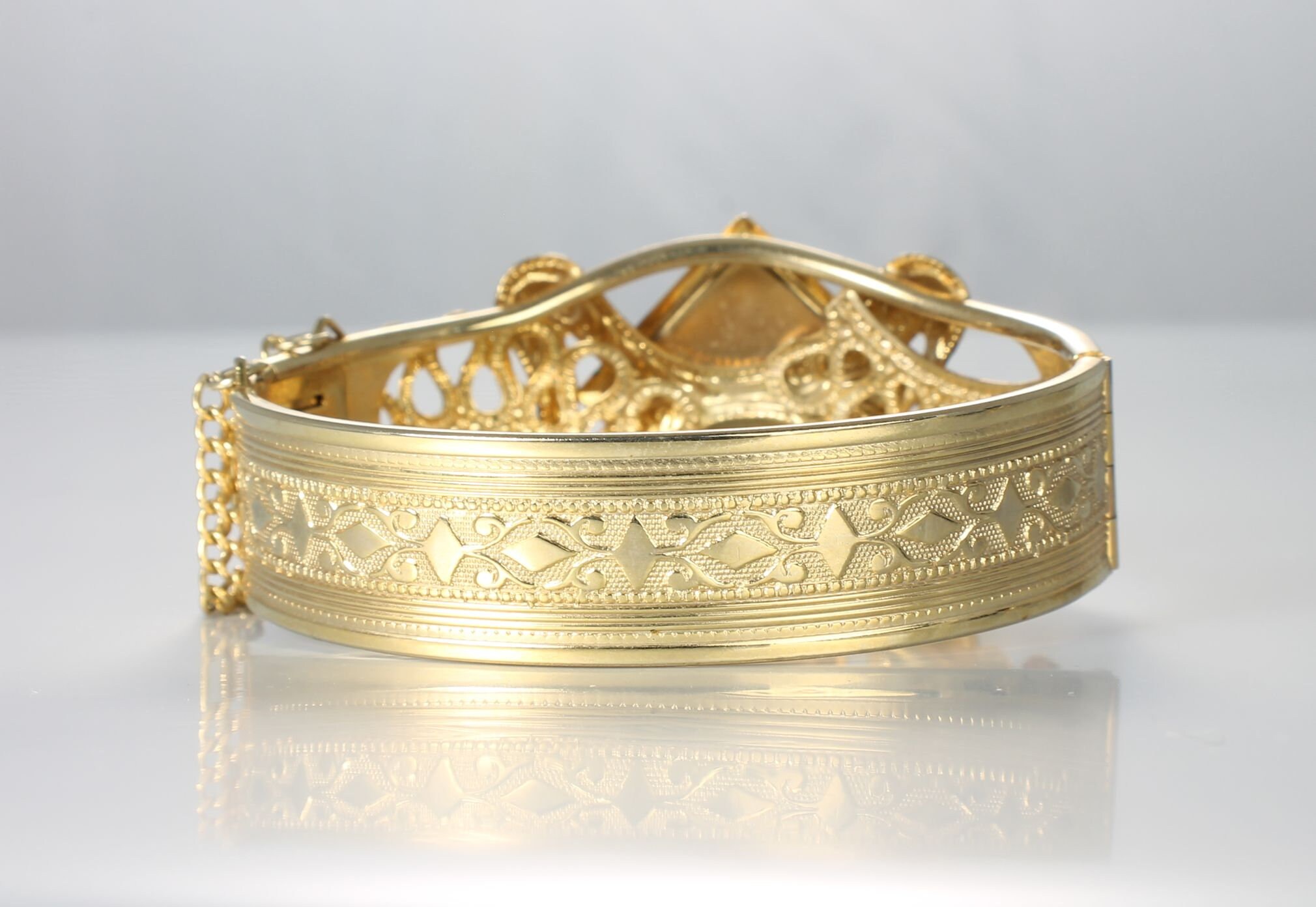 Victorian Revival Hinged Bangle Bracelet Tiger Eye Lucite Gold