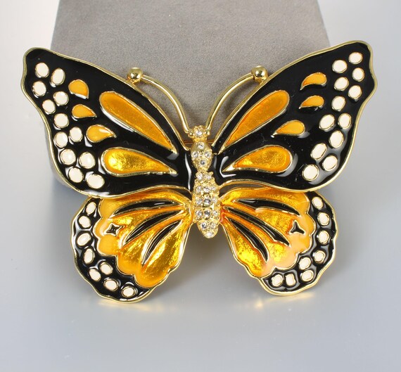 Large KJL Orange Black Enamel Butterfly Brooch,  … - image 1
