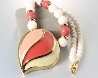 Coral Red Cream Enamel Enamel lucite bead Napier Necklace, 1980s jewelry