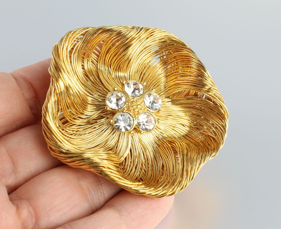Large Monet Flower Rhinestone Brooch, Gold Tone Wire, 1970s